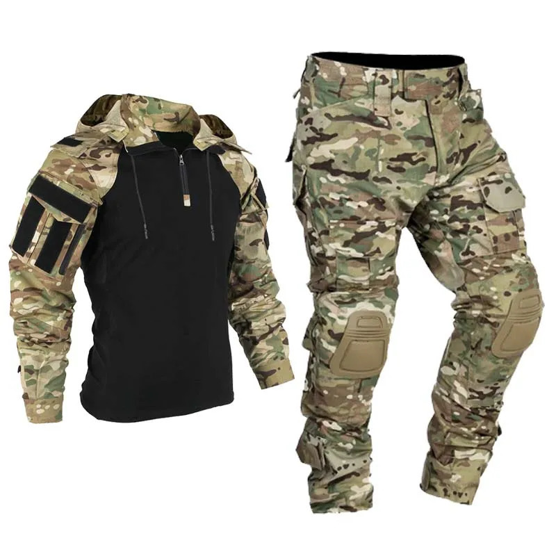Paintball Tactical Suits Work Clothing Uniform Multi Pockets Combat Camo Shirts with Hood Cargo Knee Pads Pants Hunting Clothes 250207