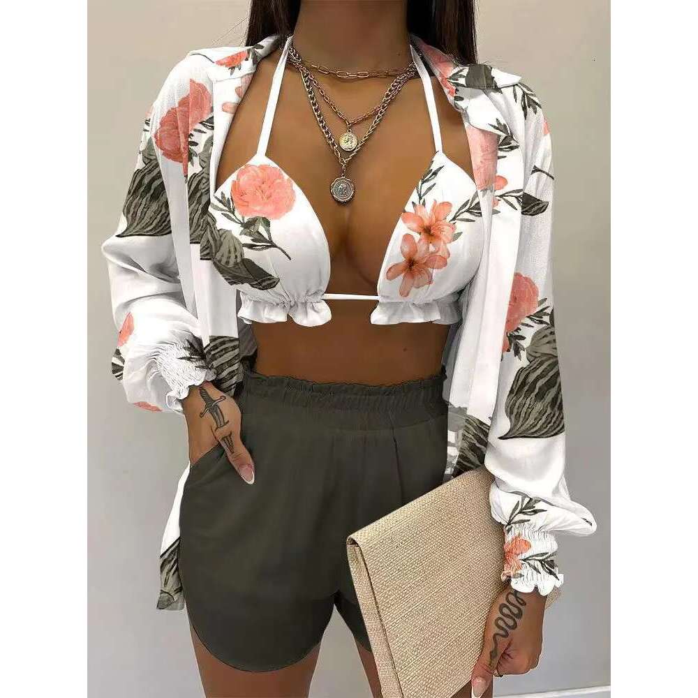New Green Print High Waist Bikini Sets Swimsuit Women Sexy Lace Up Three Pieces Swimwear Beachwear For Bathing Suit