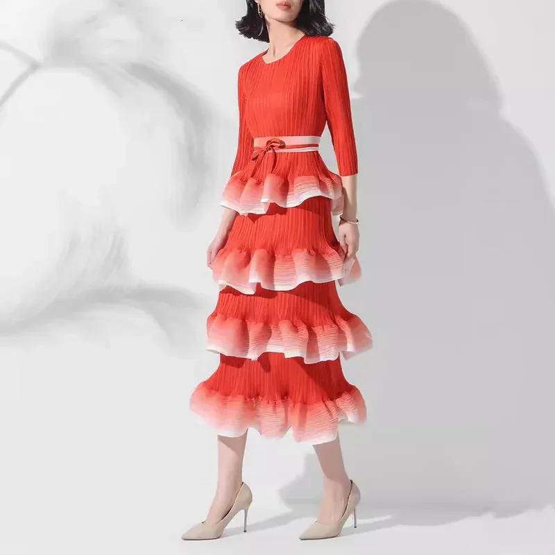 Miyake MidLength Dress Gradient Tiered Skirt Ruffled Hem Drawstring Detail FrenchInspired Chic Pleats Evening Dresses 250208wtt