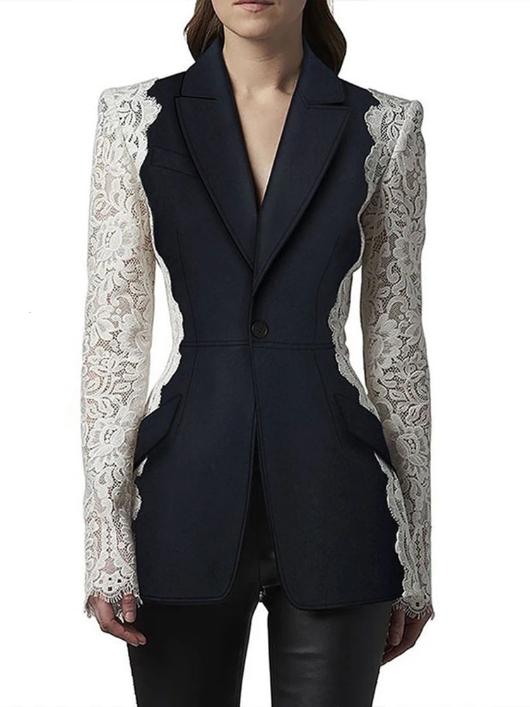 DEAT Fashion Womens Blazer Fashion Notched Lace Patchwork Long Sleeve Comparison Set Womens Jacket Spring 17A1298 250207