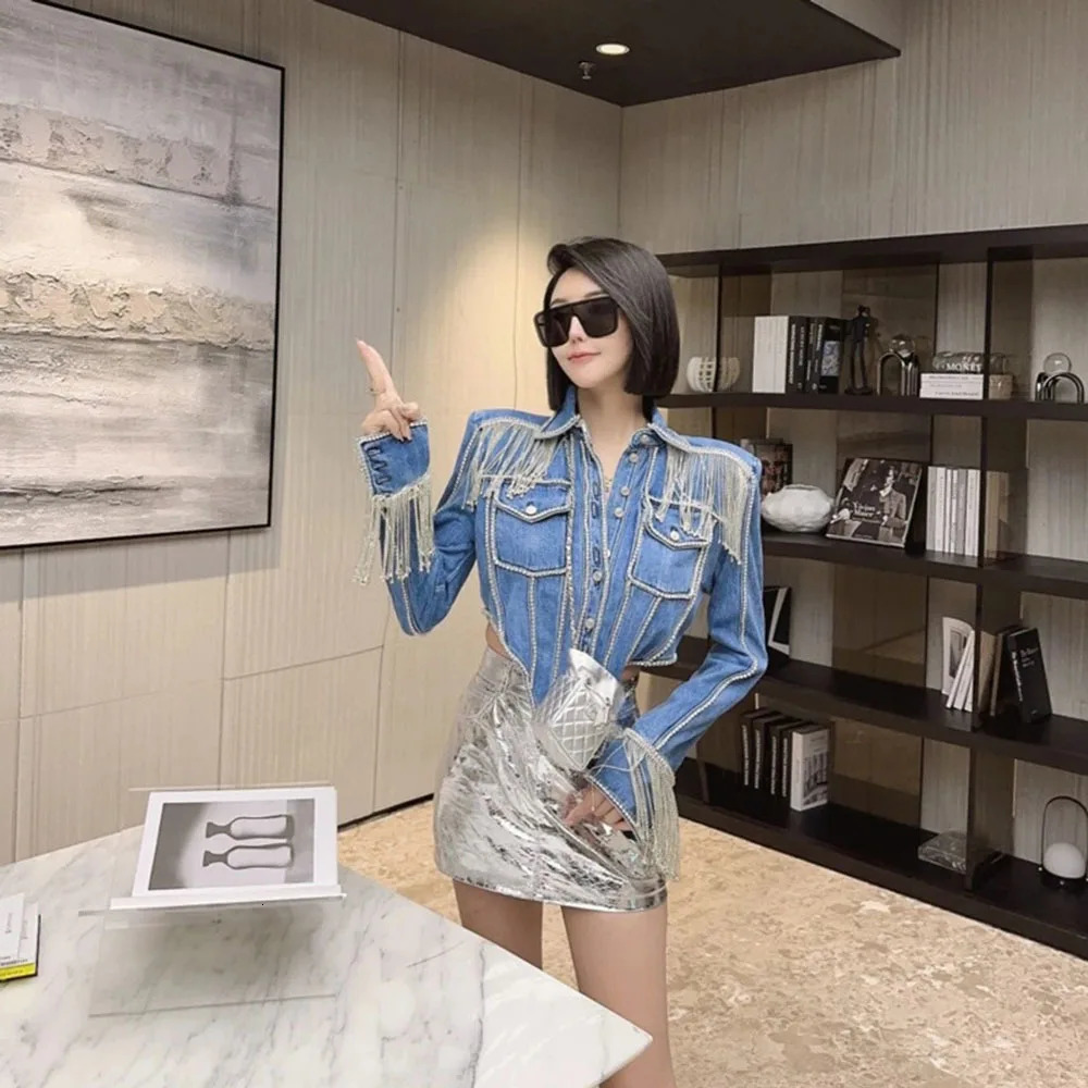 Autumn Clothes Diamond Chain Tassel Denim Jacket Women Irregular Slim-Fit Heavy Handmade Jean Jacket Casacos Feminino 250122