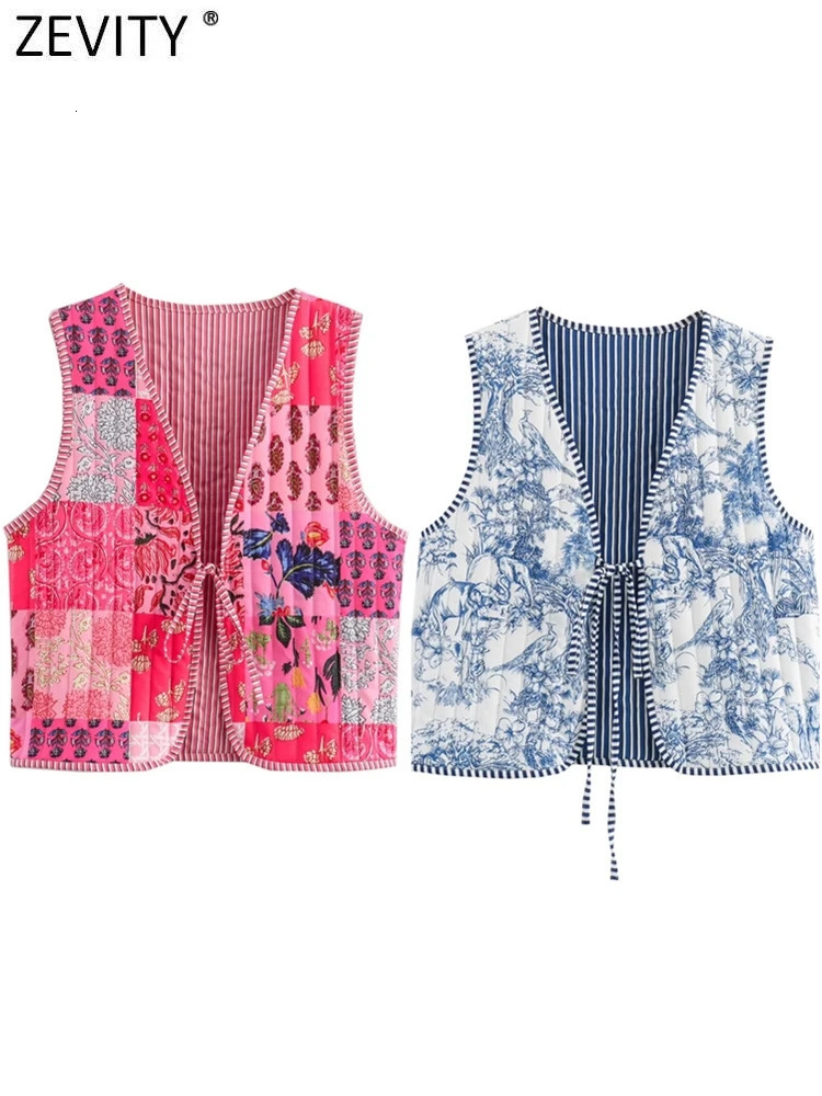 Zevity Women Vintage V Neck Patchwork Floral Print Quilted Cotton Vest Jacket Ladies Retro Lace Up Slim WaistCoat Tops CT6267 250207