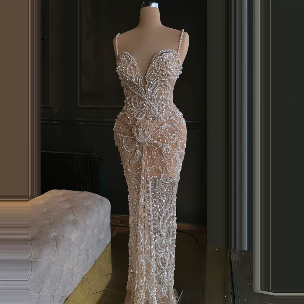 Exquisite Wedding Dresses Pearls Sequins Bridal Gowns Mermaid Spaghetti Straps Sleeveless Illusion Customized Princess Sweep Train Bride Dress Vestido