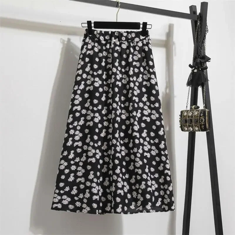Spring Summer Chiffon Women skirts Casual Floral Printed Woman Long Elastic Waist Female Loose extended Skirt 250208Z