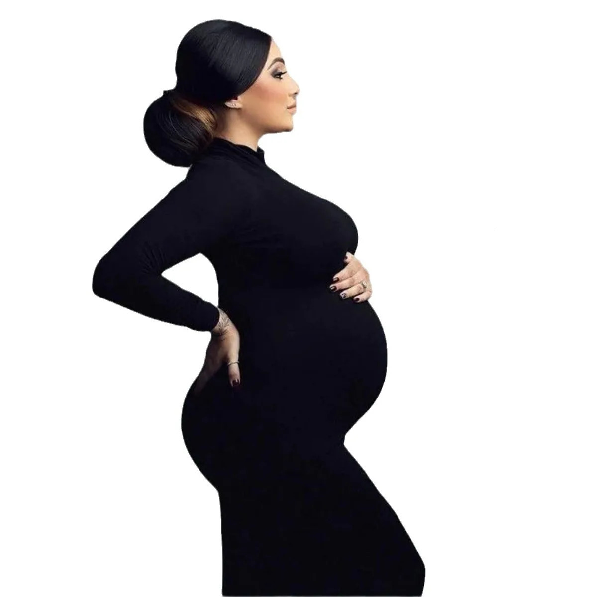 HighNeck Pregnant Womens SlimFit dress LongSleeved Stretch Daily Dress 250114