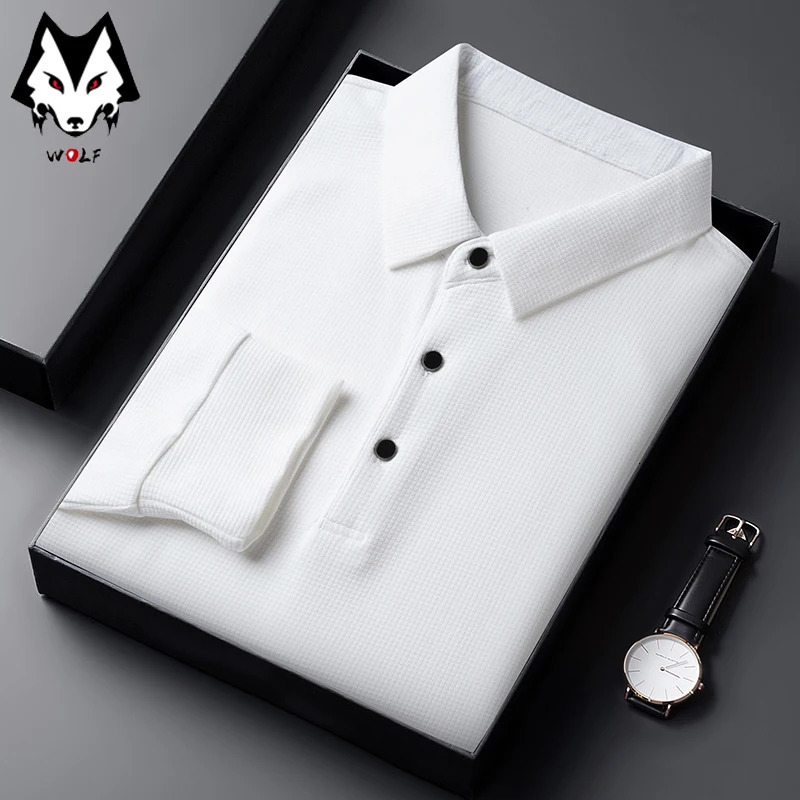Mens Casual Waffle Polo Tshirt Breathable Comfortable Fashion Long Sleeve 250121