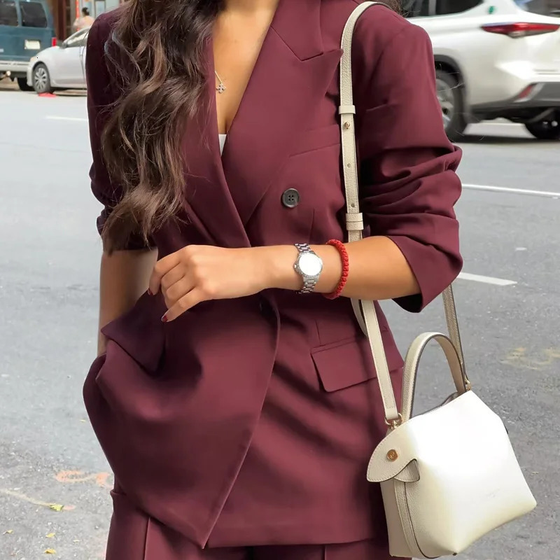 HXAO Womens Blazer Office Wear Women Burgundy Blazers Outerwears Autumn Suit Jacket Red Long Sleeve Coats Mujer 250208wtt
