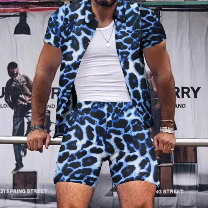 Mens Clothes Trend Men Sets Leopard Print Two Piece Outfits Street Casual Printing Shortsleeved Shirt Shorts Fashion Suit 250207