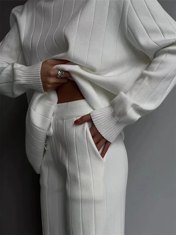 EFT Autumn Winter 2 Pieces White Womens Sets Knitted Tracksuit Turtleneck Sweater and Straight Jogging Pant Suits 250207