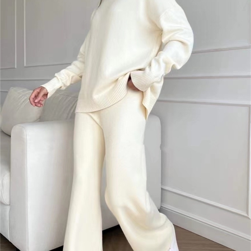 Autumn Winter 2 Pieces Women Sets Knitted Tracksuit Turtleneck Sweater and Straight Jogging Pants Suits 250207