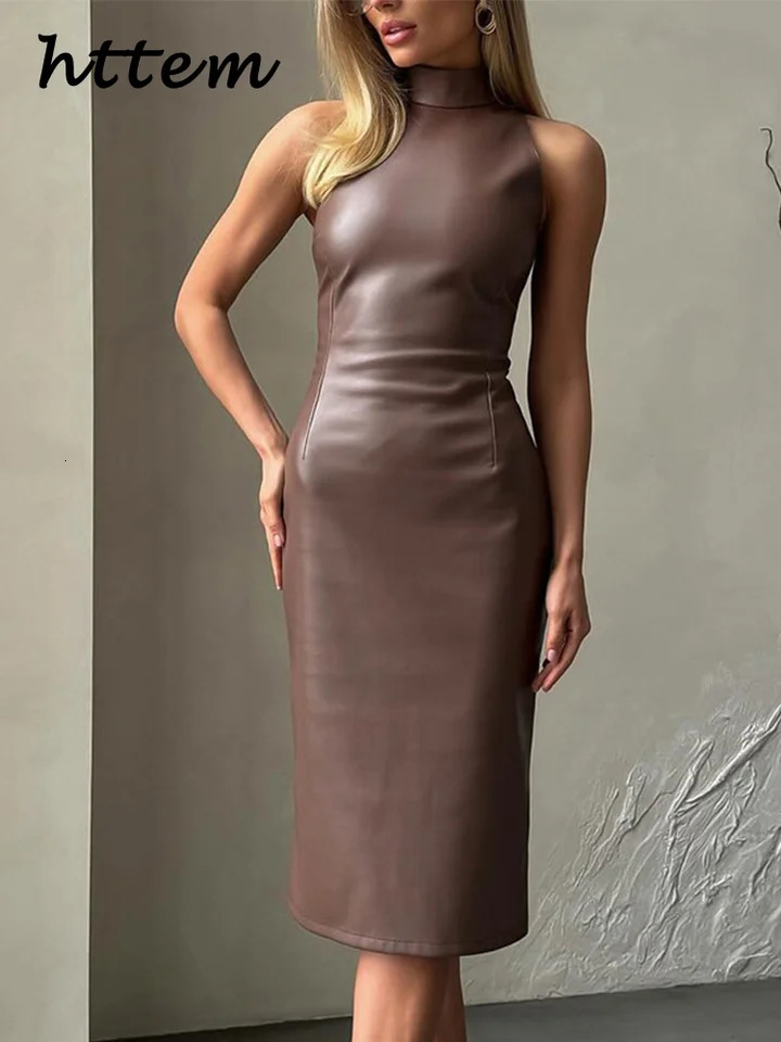 Vintage Midi Leather Dres Slim Turtleneck Sleeveless Hip Package Female Dresses 2024 Autumn Lady Elegant Party 250207