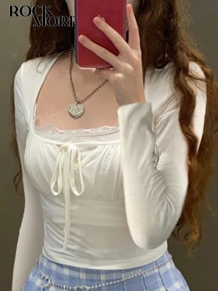 Rockmore Lace Stitching Kawaii TShirts Long Sleeve Spring Autumn Women Slim Casual Square Collar Basic Bottoming Pullover Tops 250208Z