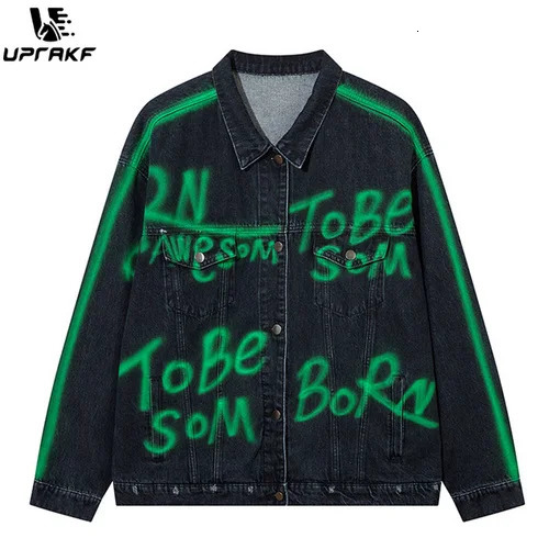 UPRAKF Green Letter Washed Striped Patchwork Jacket Retro Baggy Jeans Coat Casual Outwear Tops High Street Fashion 250207