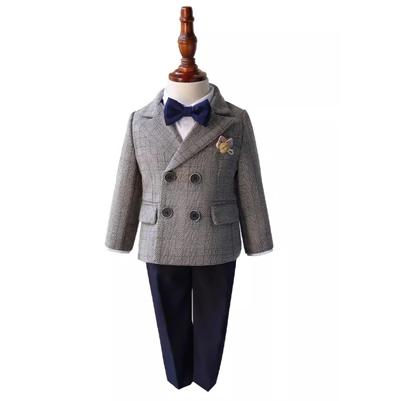Boys Formal Plaid Dress Suit Set Child Wedding Birthday Party Performance Pography Costume Kids Blazer Pants Bowtie Clothes 250114