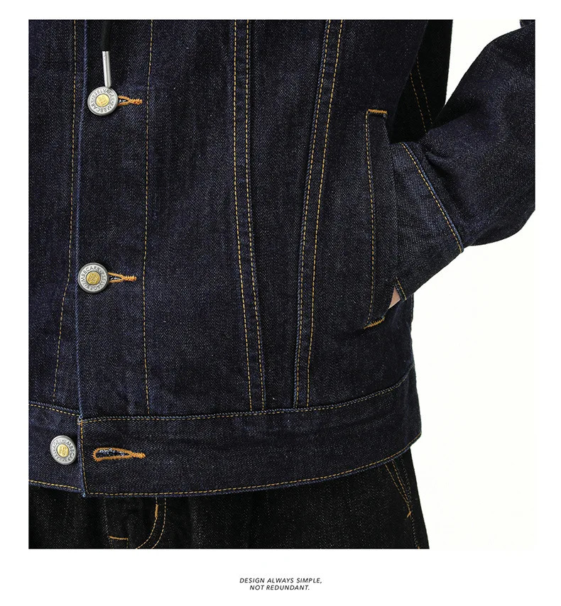 Casual Classic Selvedge Denim Jacket For Men Amekaji Vintage Black Solid Color Mens Coat 250207