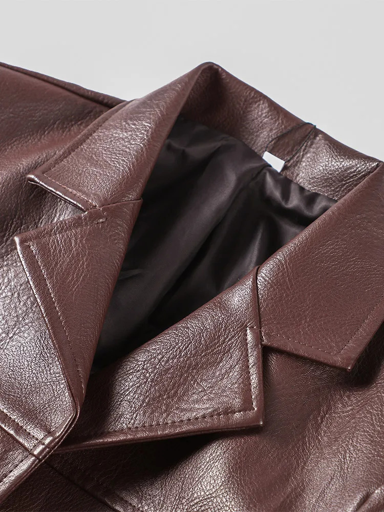 Vintage PU Leather Coat For Women Elegant Turundown Collar Long Sleeve Loose Female Jackets Autumn Locomotive Ladies Outwear 250113