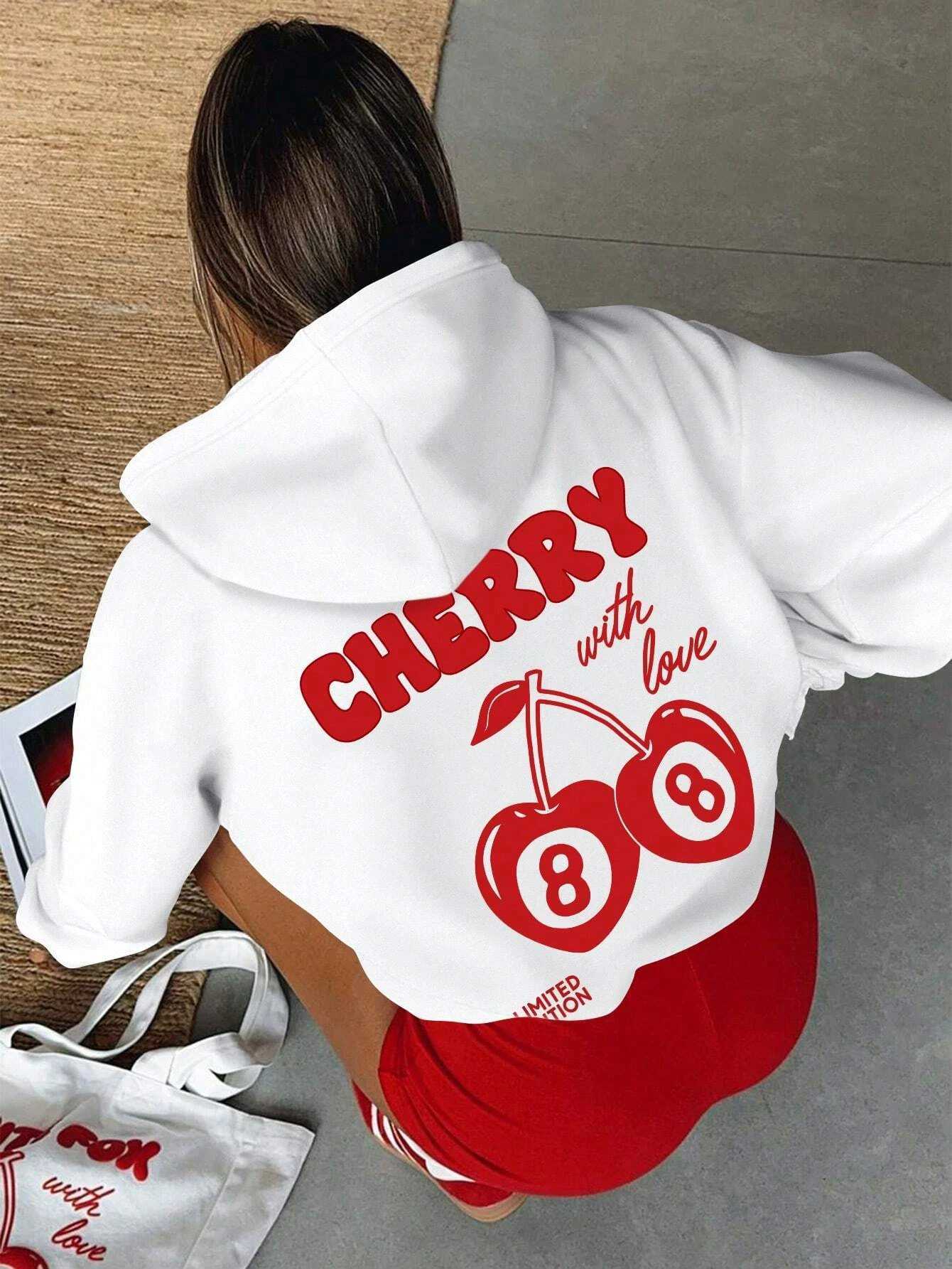 Cherry 88 Art Letter Prints Women Hoody Autumn Fleece Hoodies Hip Hop Loose Streetwear Unisex All-Match Fashion Woman TopsT250207