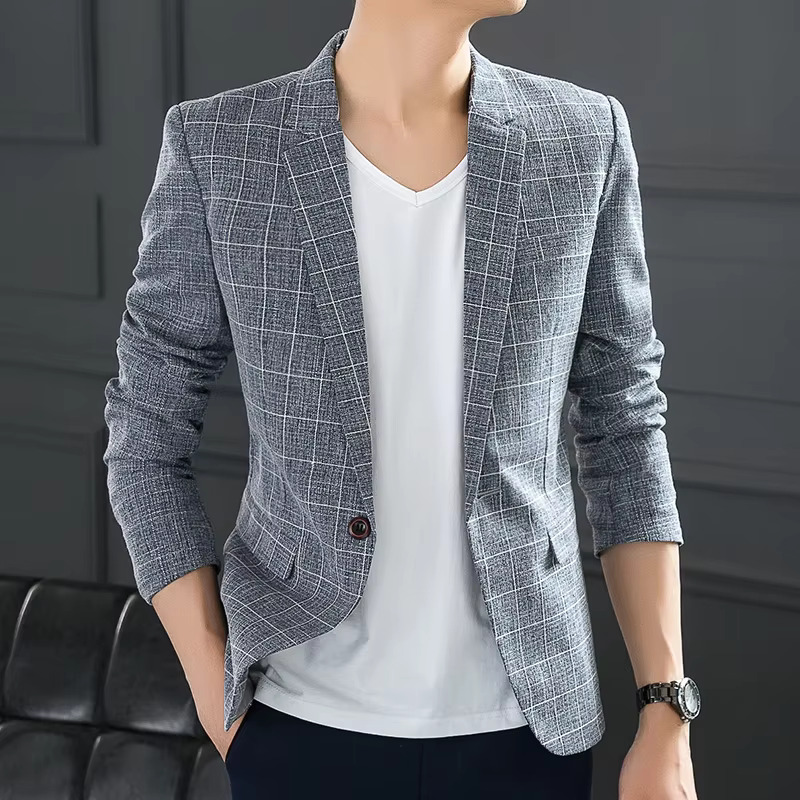 High-Quality Men's Casual Plaid Western Slim Fit Korean Fashion One-Piece Suit Single-Breasted Thin Handsome Jacket