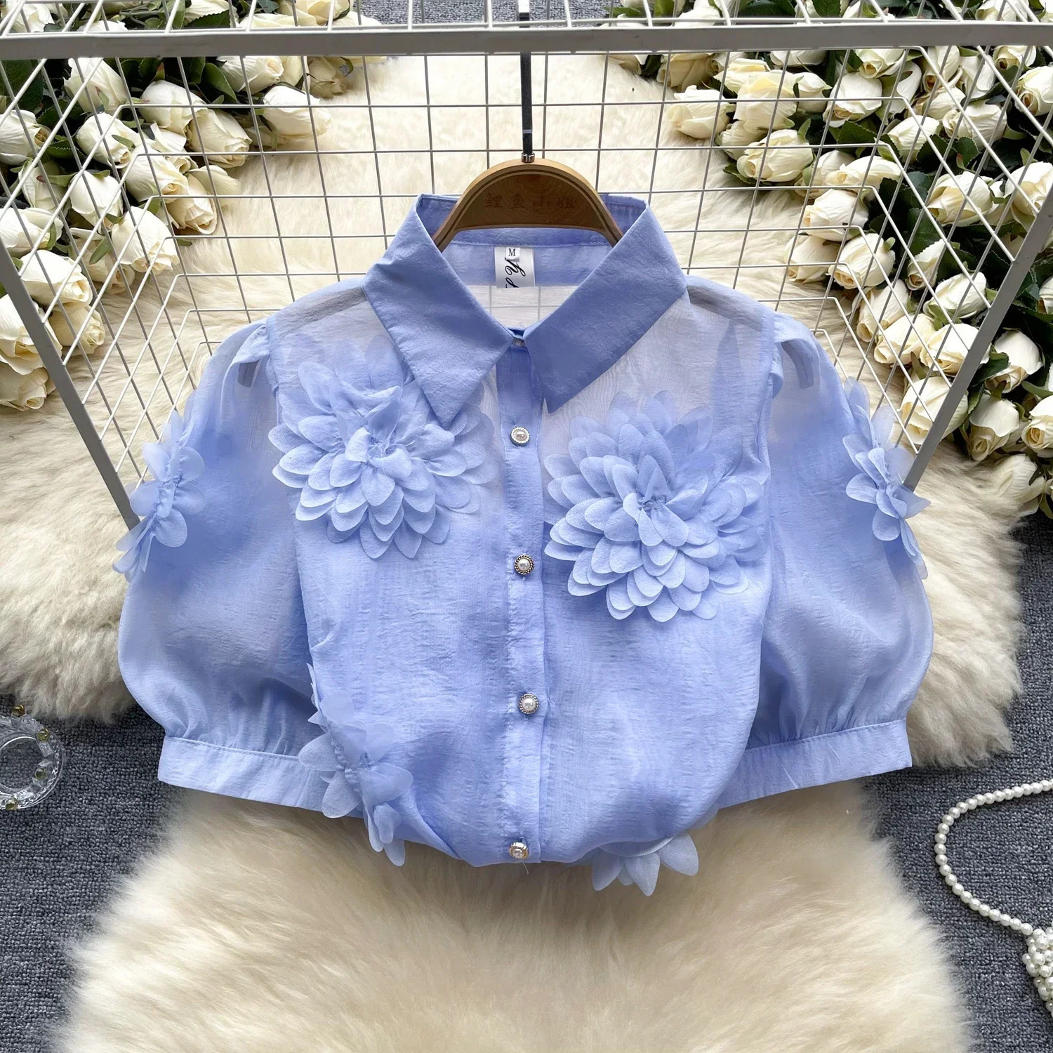 2025 French Style 3D Floral Blouse Women Lapel Neck Short Sleeves Pearl Loose Top Fashion sweet Sheer Chiffon Shirt 250121