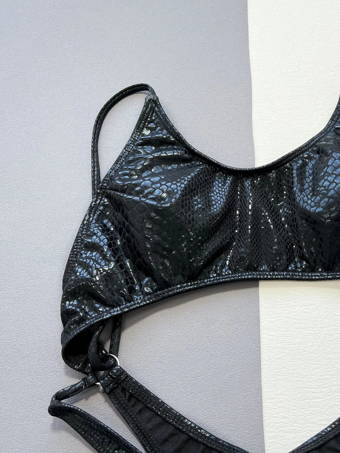 Women black snake print metallic swimsuit hollow backless bikini Swimwear bathing suit beach outfits bodysuit 250208Z