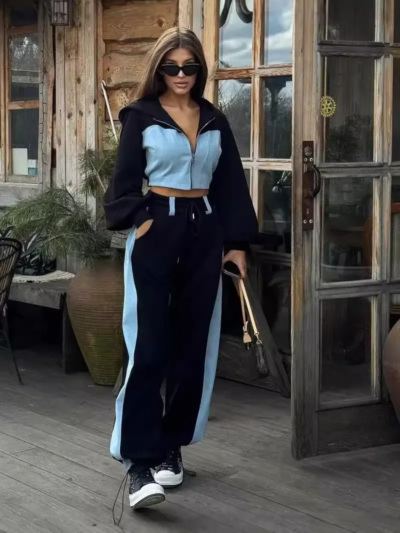 Casual Contrast Hoodies Pants Sets Women Slim Zipper Short Hooded Coats Lace Up Wide Leg Pant Autumn Lady Fashion Tracksuit 250207