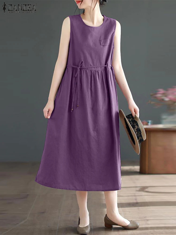 ZANZEA 2024 Summer Dres Casual Sleeveless Solid Midi Sundress Fashion Loose Holiday Beach Dresses Sarafans Dress Femme 250207