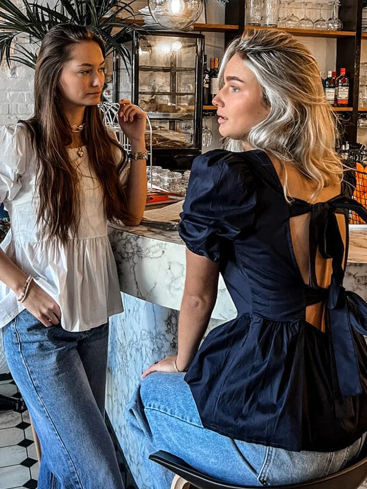 Backless Short Sleeve Shirts For Women Casual Back Lace Up Bow Tops 2025 Spring Summer Fashion Lady Blouse Loose Streetwears 250121