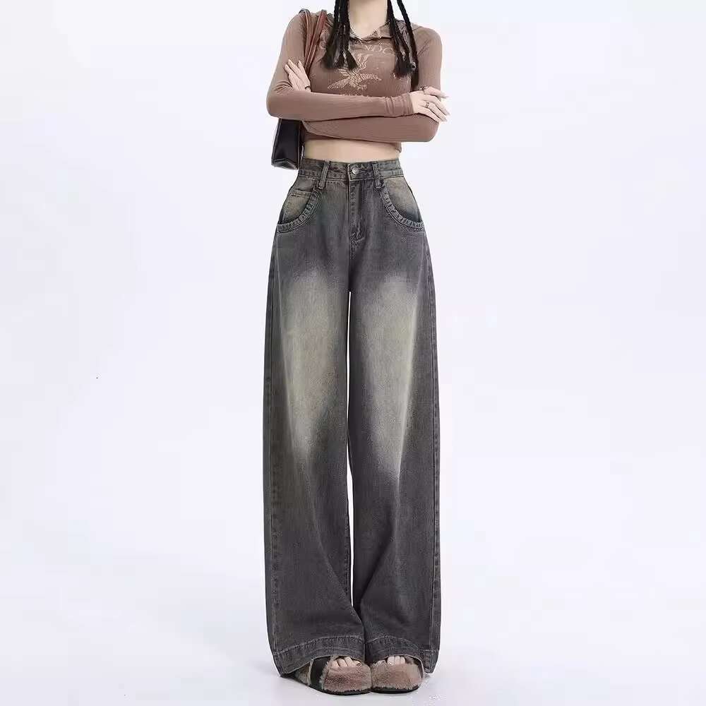New Arrival Fall 2023 High-Waisted Vintage Wide-Leg Jeans Women's American Style Straight-Leg Casual Loose Fit Denim Trousers