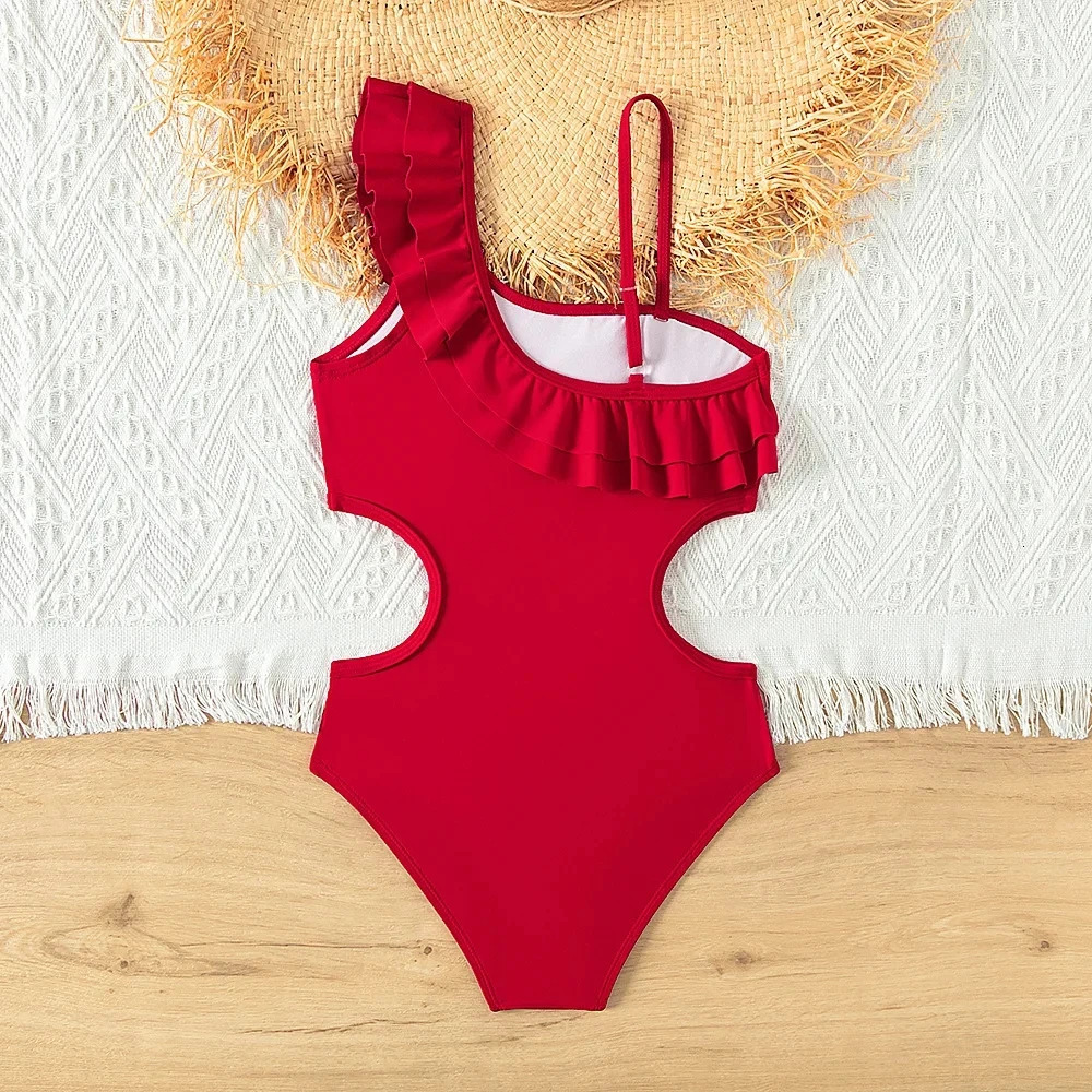 Retro Red Color Teenage Girls Swimsuit One Piece 5-14 Year Kids Swimsuit Ruffled Swimwear beachwear 250207