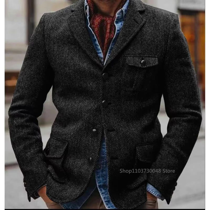 Herringbone Men's Jacket Single Breasted Elegant Casual Slim Stage Suit Jackets Suite For Man New In Suits And Blazers Male Coat
