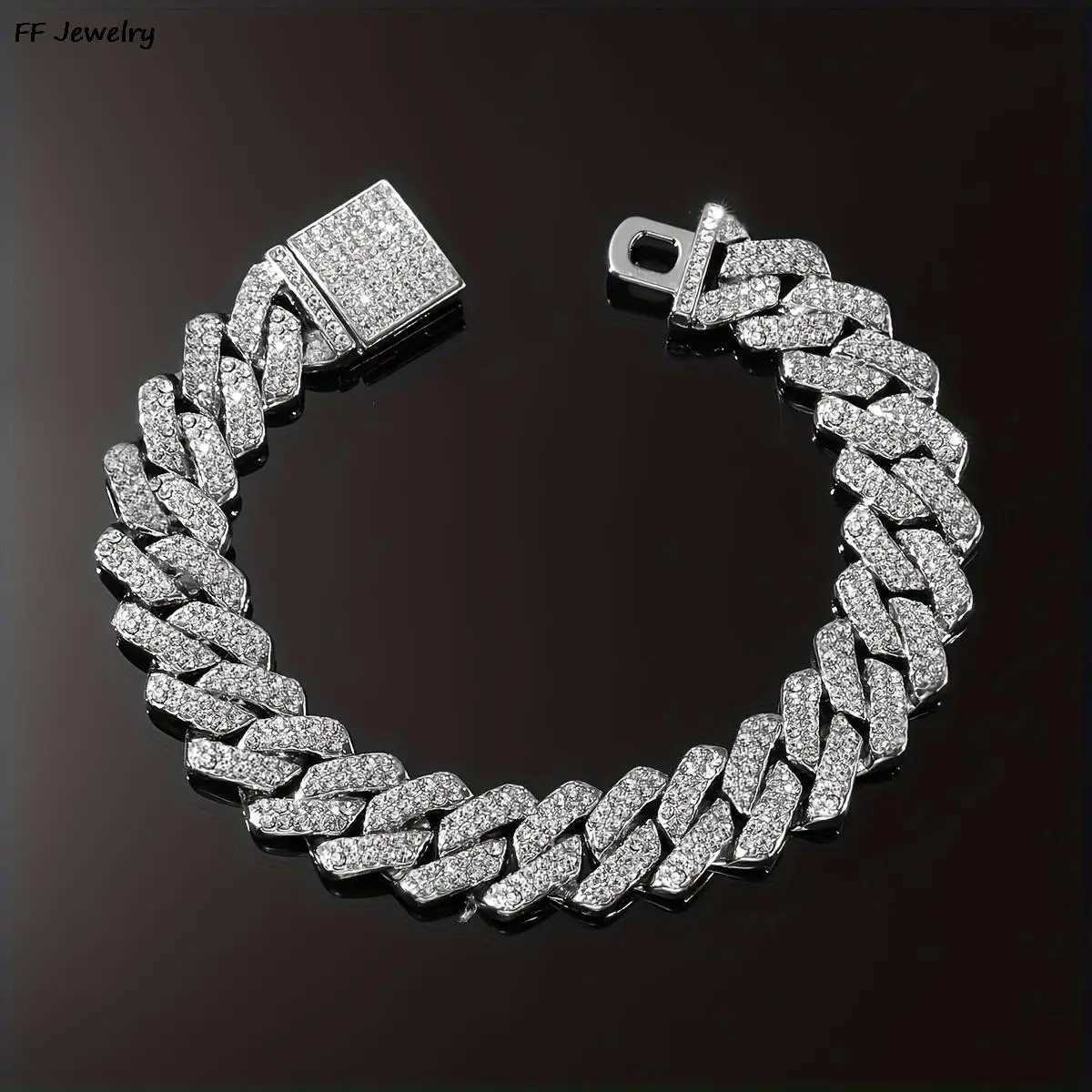 14mm Hip Hop Shiny Cuban Link Chain Bracelets Gold Color Rhinestone Iced Out Chain Bracelets Punk Wristband Women Men Jewelry Y250208