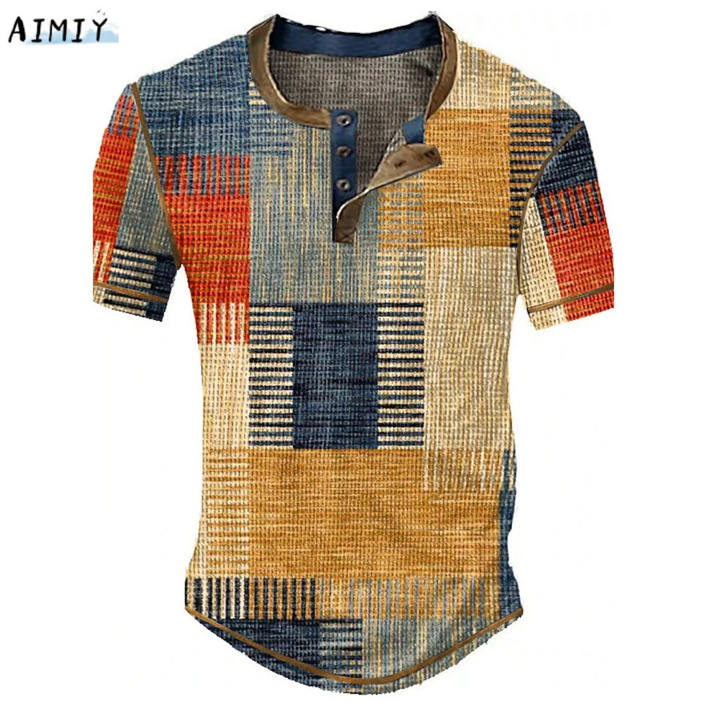 Mens Waffle Henley Oversize Tshirts Man Shirt Graphic Plaid Color Block Clothing Apparel 3D Print Short Sleeve Button Fashion 250207