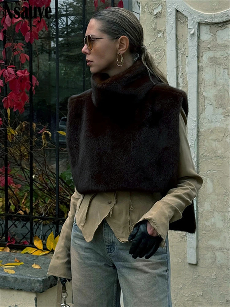 Nsauye Winter Female Chic Fashion Sleeveless Faux Fur Womens Coat Thickened Warm Jackets Outerwear Tops Ladies Coats 250207