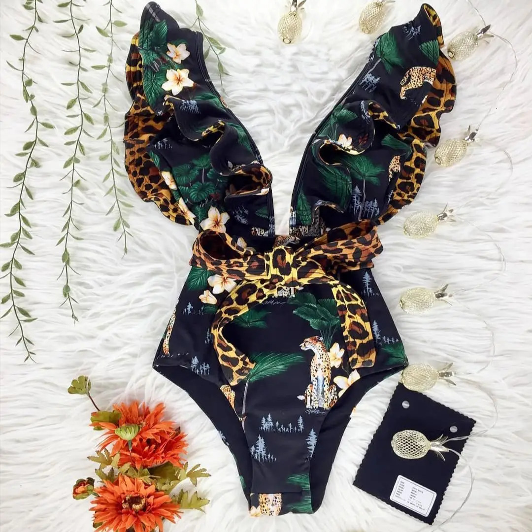 2025 Print Swimwear Deep V-neck Ruffle Swimsuit Push Up One Piece Swimsuit Beach Wear Backless Monokini 250206