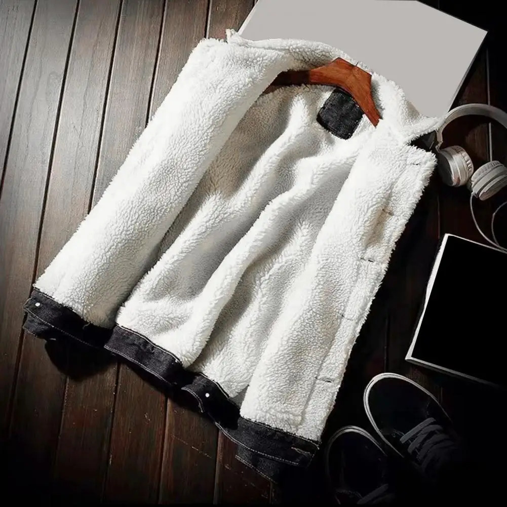 Mens denim jacket with thick cashmere lining solid color cold resistant winter single chest 250208Z