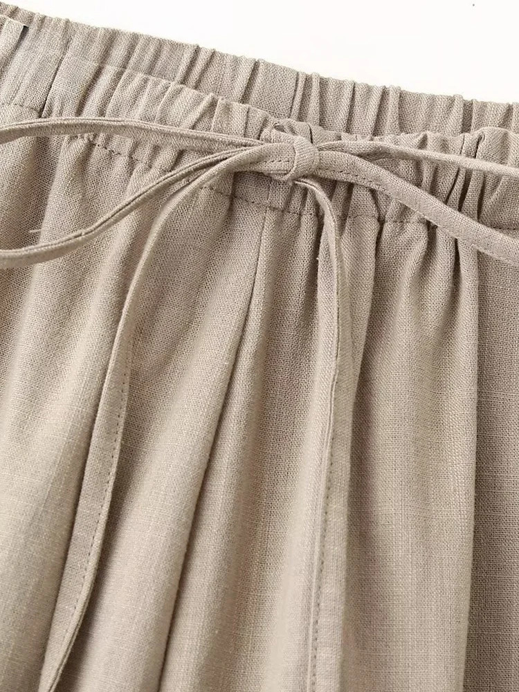TRAF Womens Pants Set Solid Khaki Brushed Long Sleeve Khaki ShirtElastic Waist Wide Leg Pants 250207