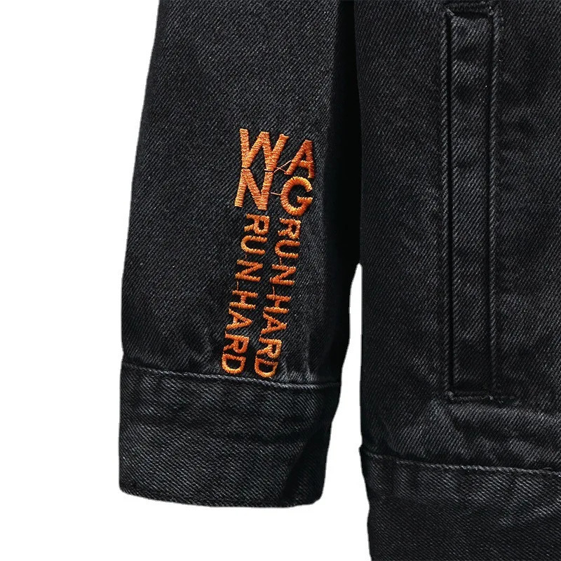Trendy Embroidered European Street Loose Denim Jacket Men Black Vintage Ripped Work Printed Letter Top Cotton Mens Fashion 250207