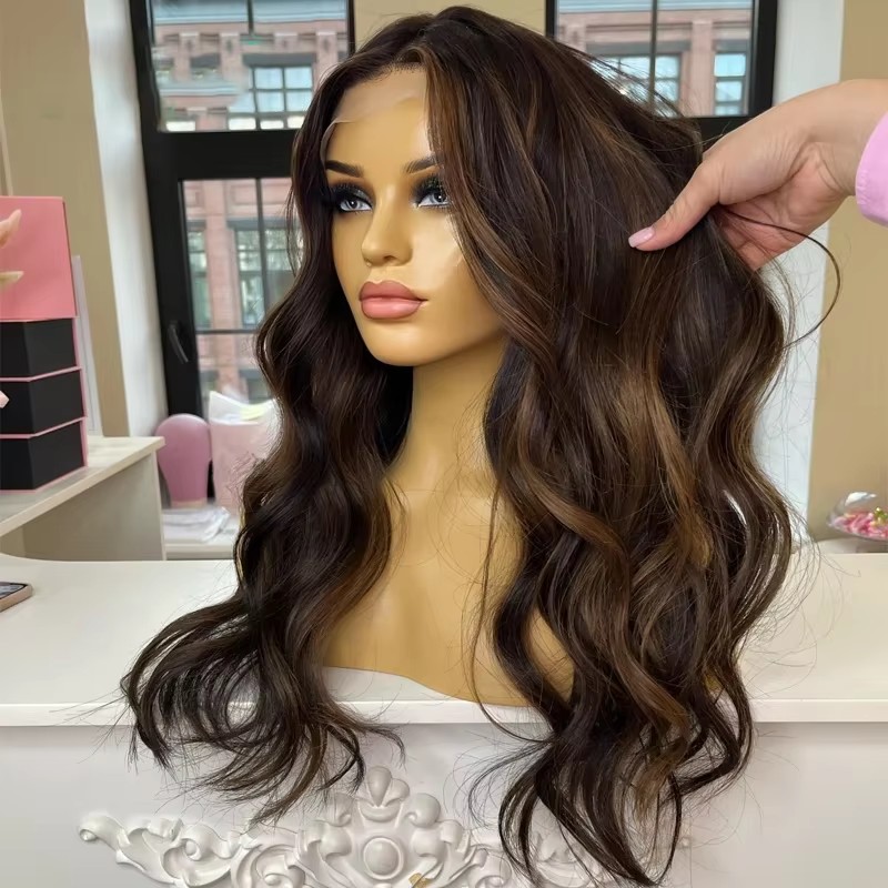 Top trendy Brazilian Human Hair Dark Blonde Balayage Brunette shades Full Lace Wigs Natural Brown Highlights Lace Frontal Wig