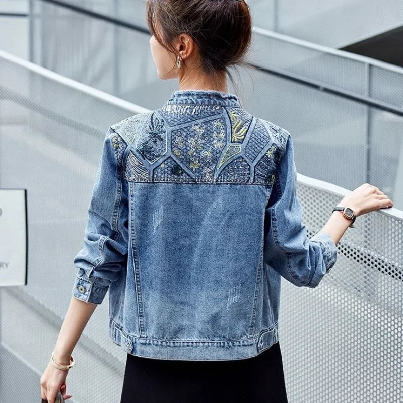 Spring Autumn Diamonds Denim Jacket for Women Crop Woman Jean Coat Short with Rhinestones Outerwear Patchwork Small Sequin Deals 250122