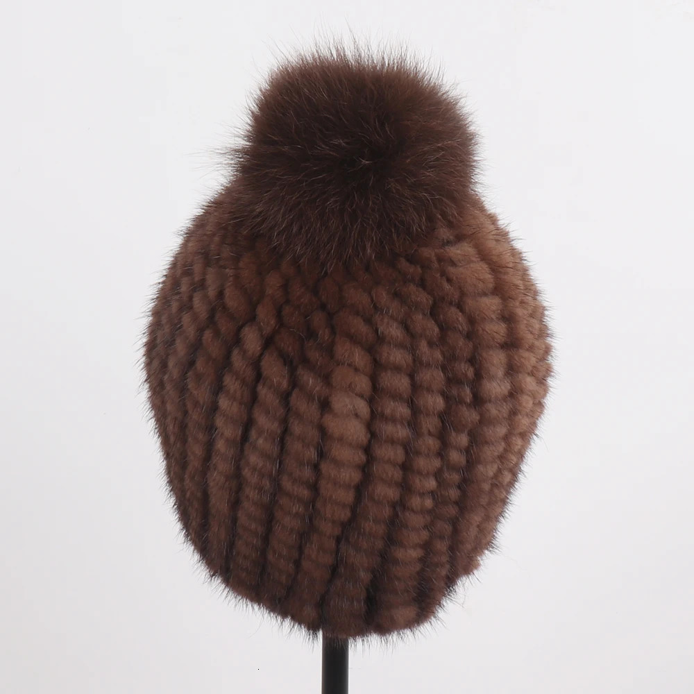 Winter Women Natural Mink Fur Hat Hand Knitted Warm 100% Genuine Mink Fur Cap Russia Lady Real Mink Fur And Fox Fur Pompoms Hats 250221