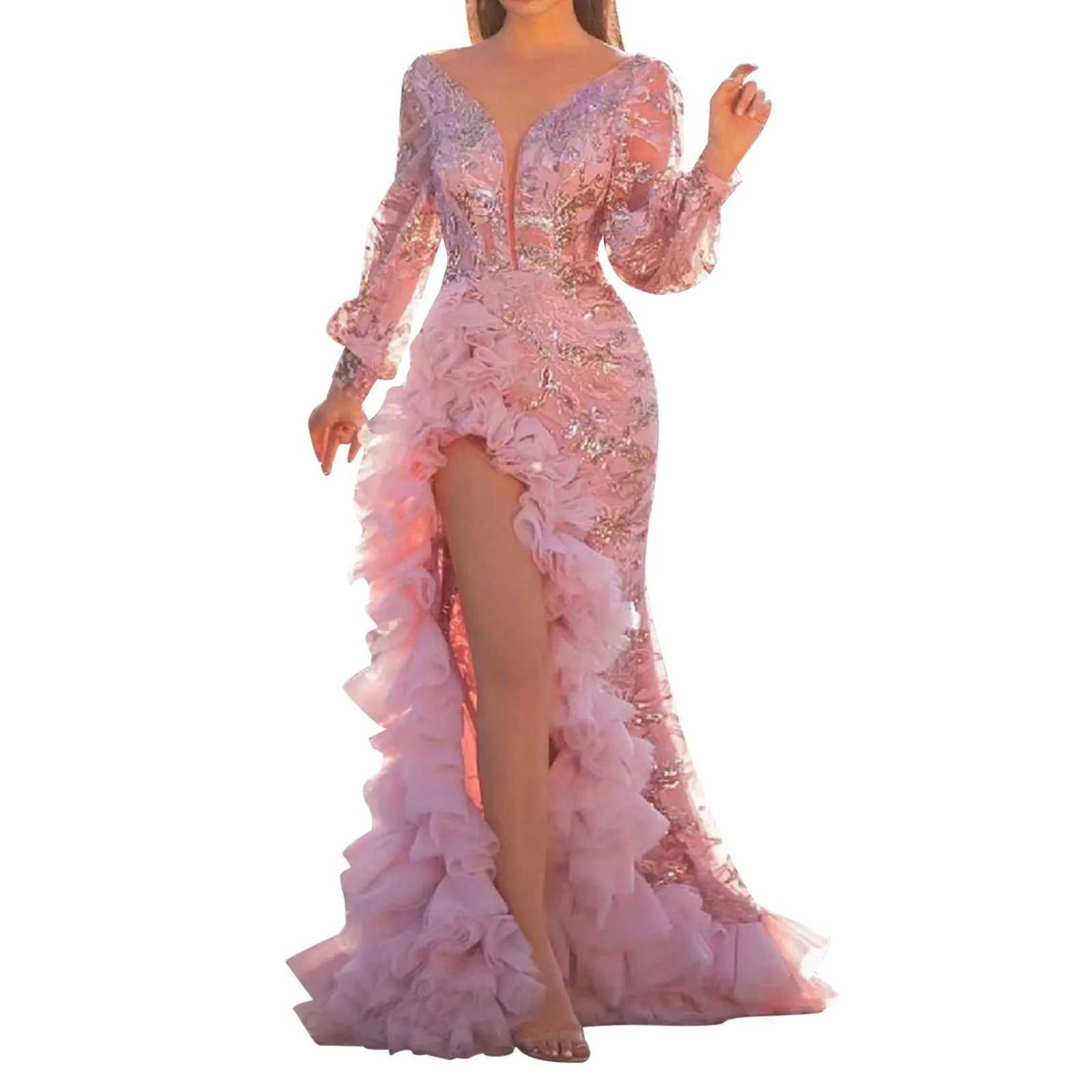 Womens Dp V-Neck Prom Dress Female Evening Gowns All Sequined Glitter Ruffles Split Maxi Dress Puffy Party Dress W250208