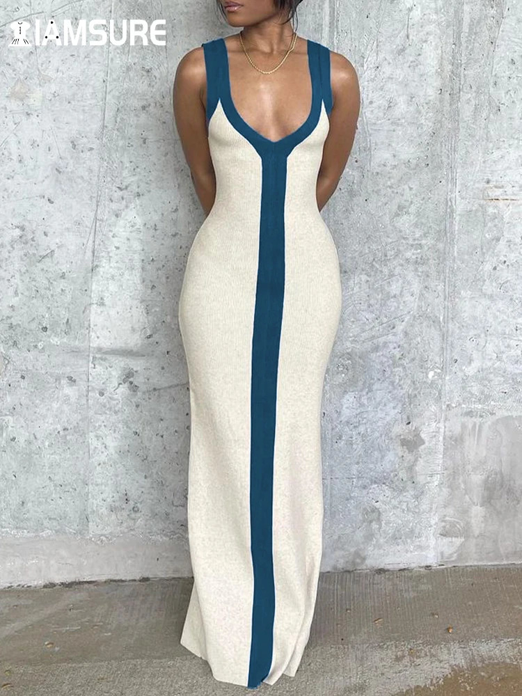 IAMSURE Holiday Sexy Contrast Color Striped Long Dress Slim Skinny VNeck Sleeveless Maxi Dresses For Women 2023 Summer Fashion 250110