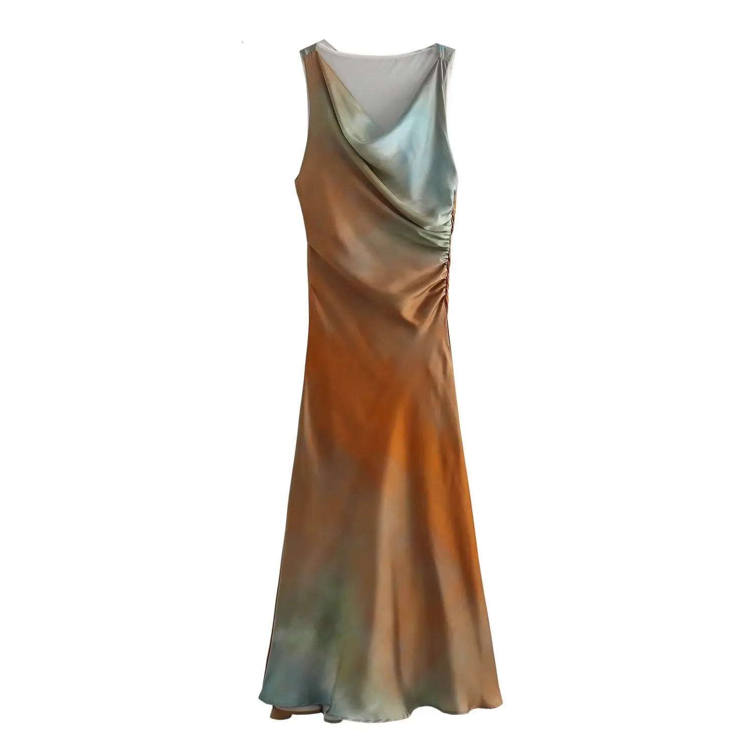 European And American Style Womens Fashionable Simple Pleated Slim Fit Slit Tie Dye Printed Texture MIDI Dress 250207