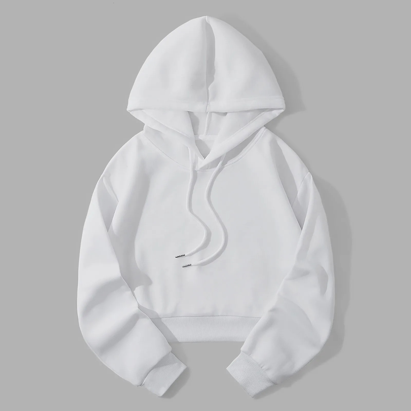 Casual Solid Color Women Cropped Hoodie Sport Style Fleece Warm Sweatshirt Fashion Loose Hoody Streetwear 250208Z