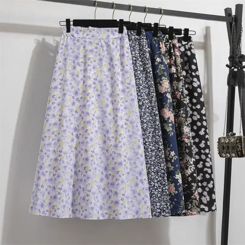 Spring Summer Chiffon Women skirts Casual Floral Printed Woman Long Elastic Waist Female Loose extended Skirt 250208Z