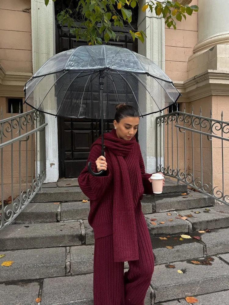Elegant Knitted Burgundy Red Set Womens Autumn Long sleeved V-neck Loose Top with Scarf Fashion Elastic Wide Leg Pants Set 250207