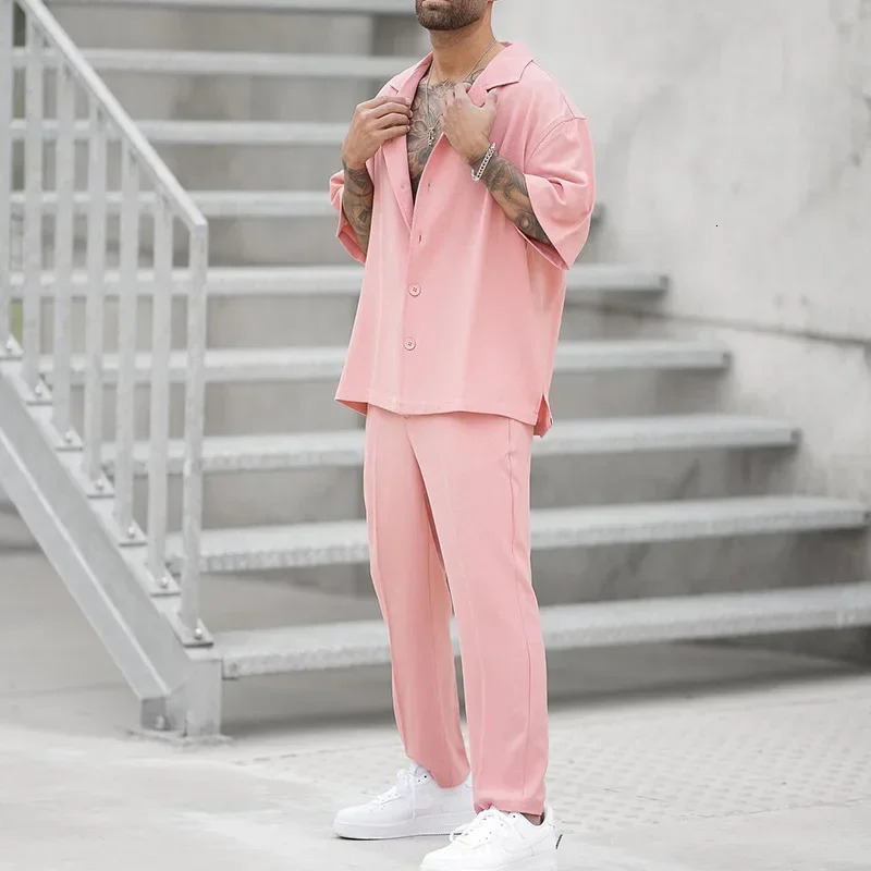 Summer Fashion Shirts and Pants Twopiece Mens Sets Trend Solid Color Male Suit Pink Large Size Sweatshirts Clothing 250207