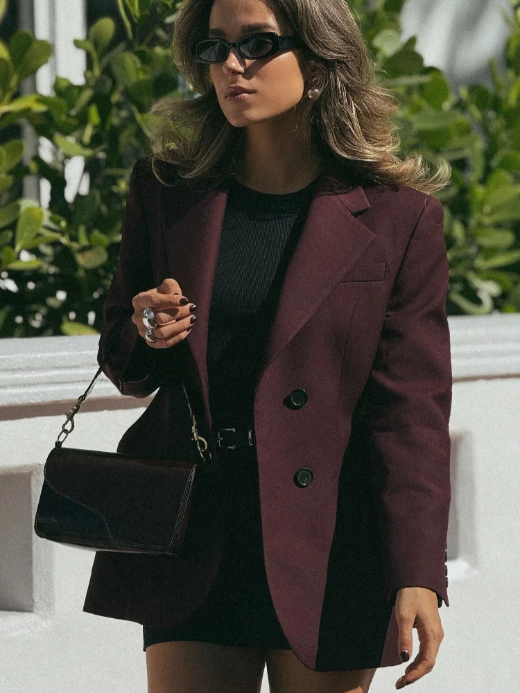 Elegant Burgundy Lapel Single Breasted Short Suit Women Fahion Button Long Sleeves Pocket Coat 2025 Office Commuting Jacket 250208