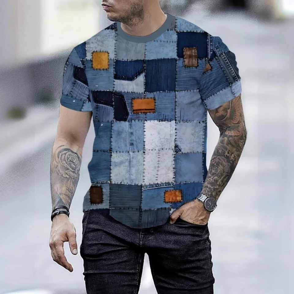 Vintage TShirt For Men Patchwork Denim Color Block Stitched Plaid Graphic T Shirts Short Sleeve Tee Oversized Clothing Tops 250207