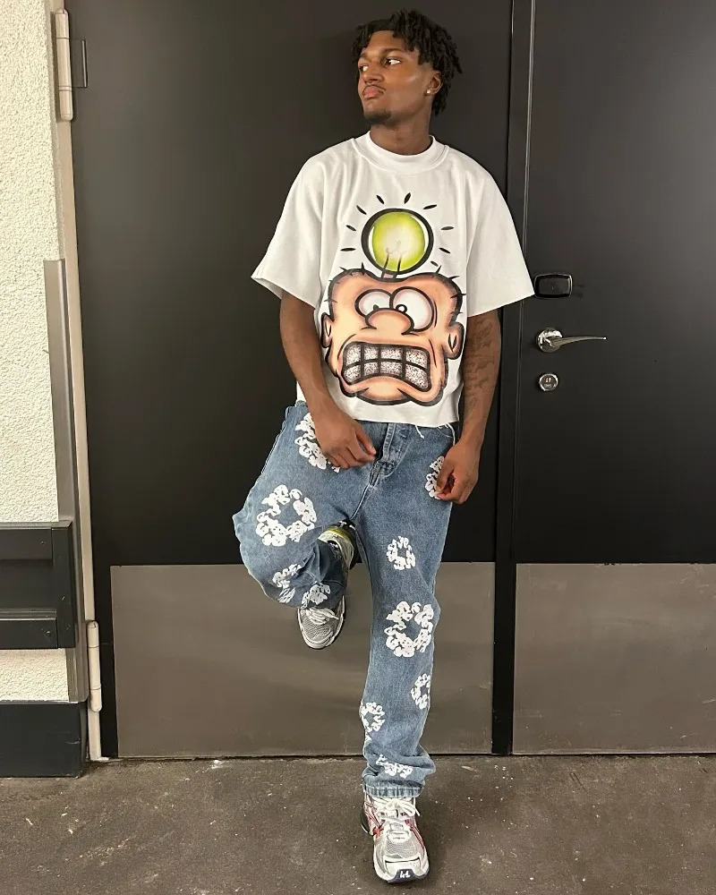 European and American High Street Anime Print Oversized T-shirt Y2K Harajuku Punk Casual Top Men Trendy Retro Short-sleeved 250208